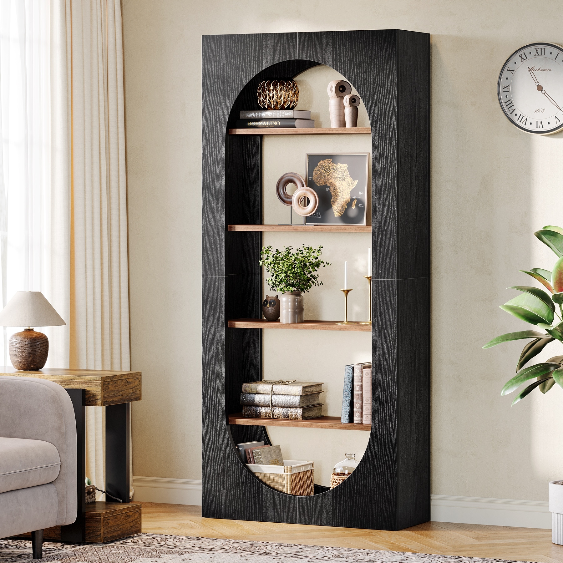 5-Tier Wooden Arched Bookcase, 70.9-inch Tall Bookshelf