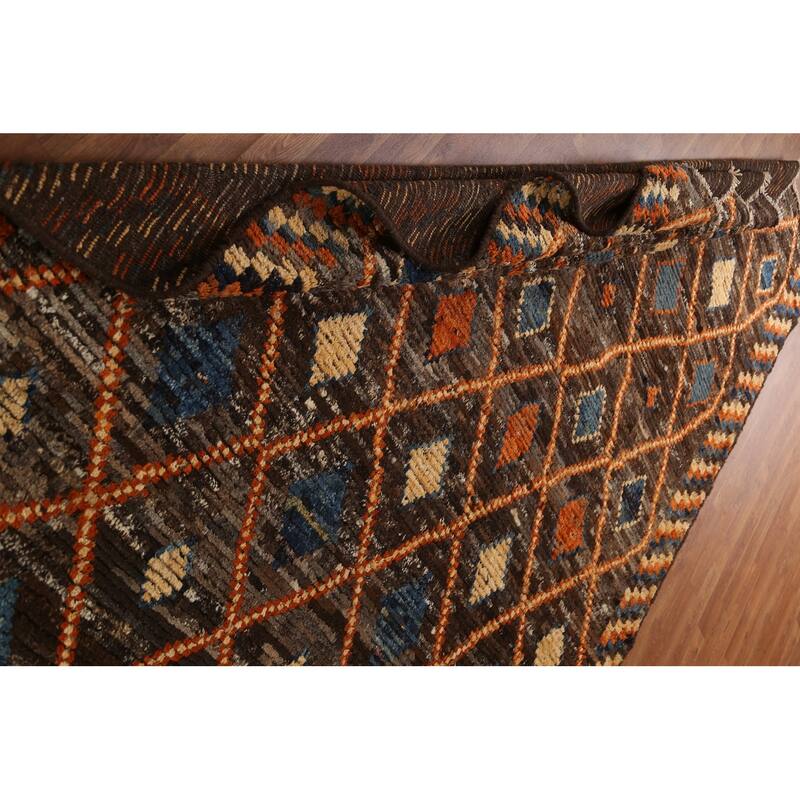 Hand Knotted Oriental 100% Wool Carpet Modern Tribal Brown Moroccan Area Rug - 9' 9'' X 6' 9''