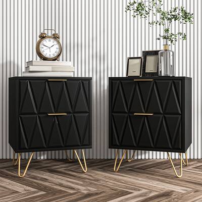 Engraving Panel Bedside Table, Nightstand with Drawer Set of 2