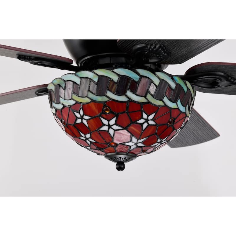 Chergo 52-Inch Flushmount Lighted Ceiling Fan Red Flower Tiffany Glass Lamp Black Finish