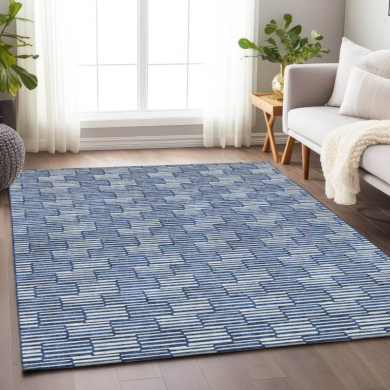 Machine Washable Indoor/ Outdoor Chantille Stripe Blocks Rug