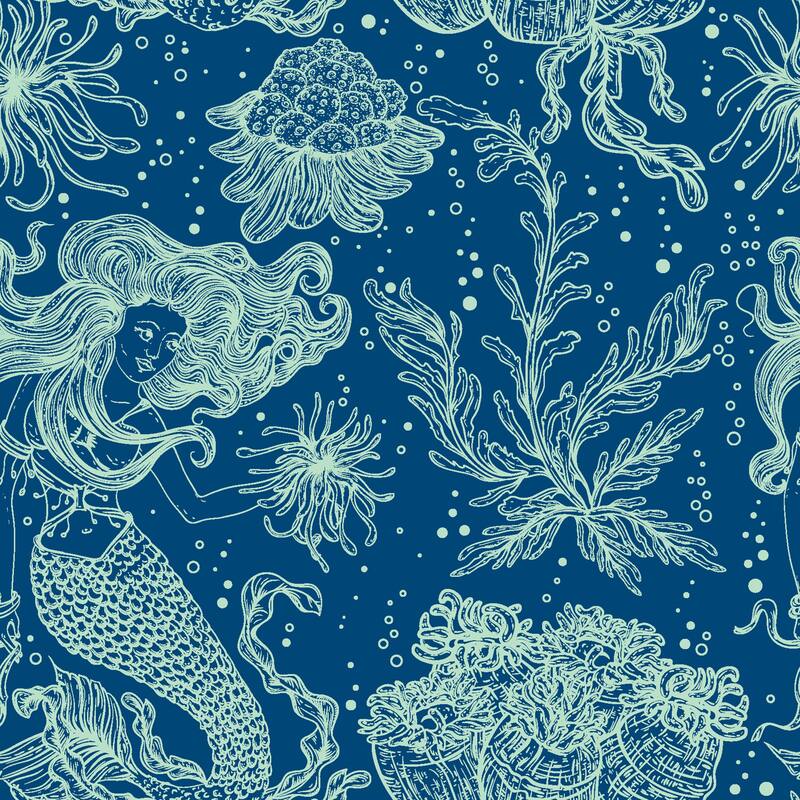 Blue Marine Plants and Mermaids Removable Wallpaper - 24'' inch x 10'ft - 24'' inch x 10'ft - Beige