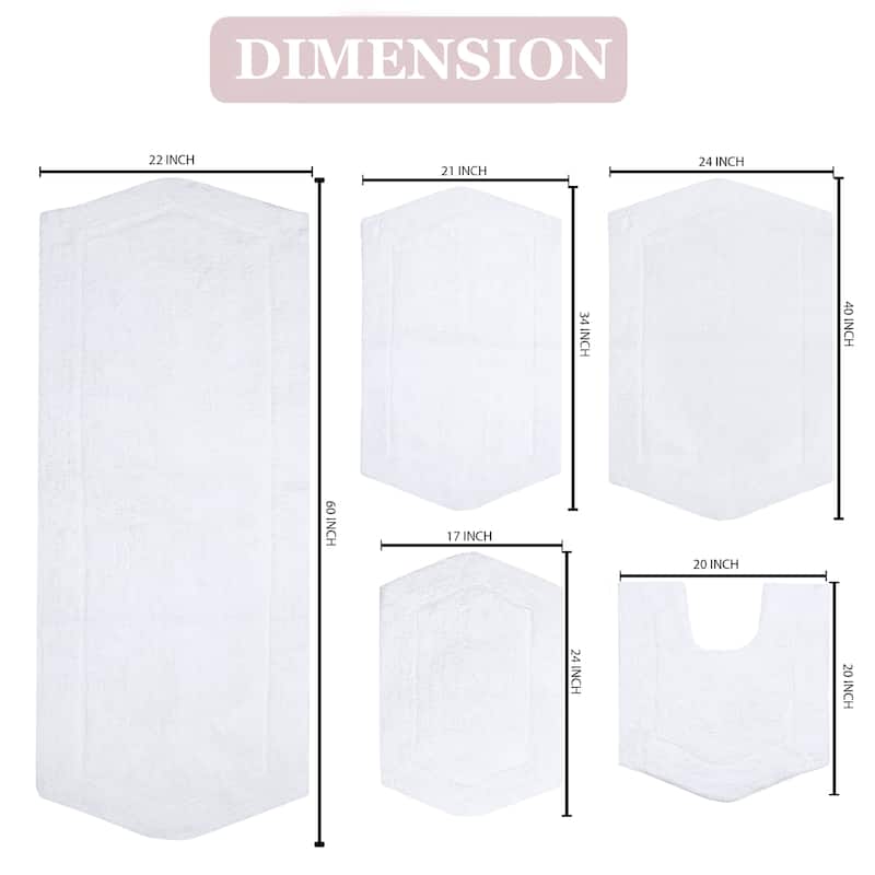 Waterford Collection 100% Cotton Non-Slip Bathroom Rug Set, Machine Washable Bath Rug, 5 Piece Bath Mat Set with Contour