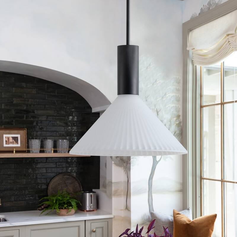 Black Metal Pendant Light Frosted White Glass Shade Modern Hanging Ceiling Fixture - N/A