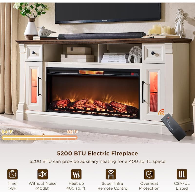 Farmhouse Fireplace TV Stand for 80 Inch TV, Entertainment Center