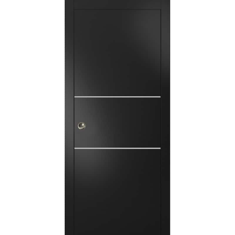 French Pocket Door 18x80 with Planum 0110 Matte Black with Kit Trims Rail - Black - 24" x 80"