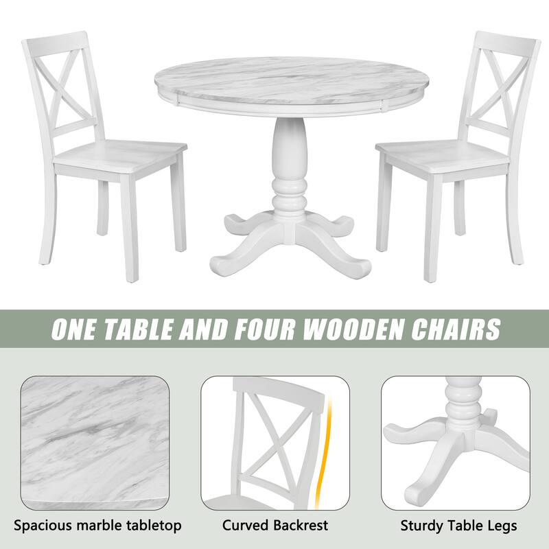 Stylish Round Wooden Dining Table with Four Wooden Chairs, 5-Piece Kitchen Table and Chair Set for Apartment