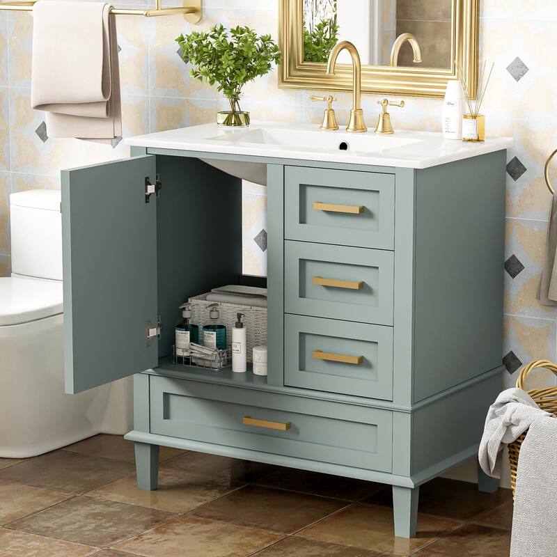 30" Green Bathroom Vanity Set - Modern Sink Cabinet with Soft-Close Door & 3 Drawers, Solid Wood Frame .