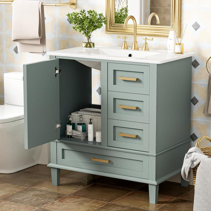 Modern 30" Bathroom Vanity with Ceramic Sink Combo, Soft Closing Doors Bathroom Storage Cabinet with 3 Drawers - 30 Inch - Green - 30 Inch