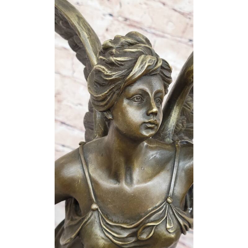Angel Winged Female Figure Holding Wreath Trumpet Horn Bronze Sculpture Statue By Moreau