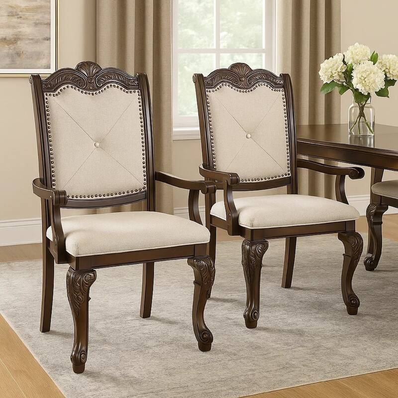 Cary Dining Armchair Set of 2, Beige Linen, Scrolled Coffee Brown Wood