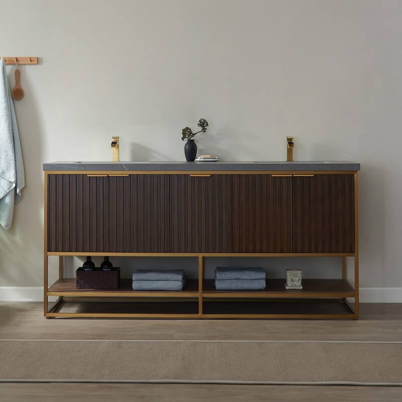 Donostia 72" Vanity in Walnut with stone countertop Without Mirror