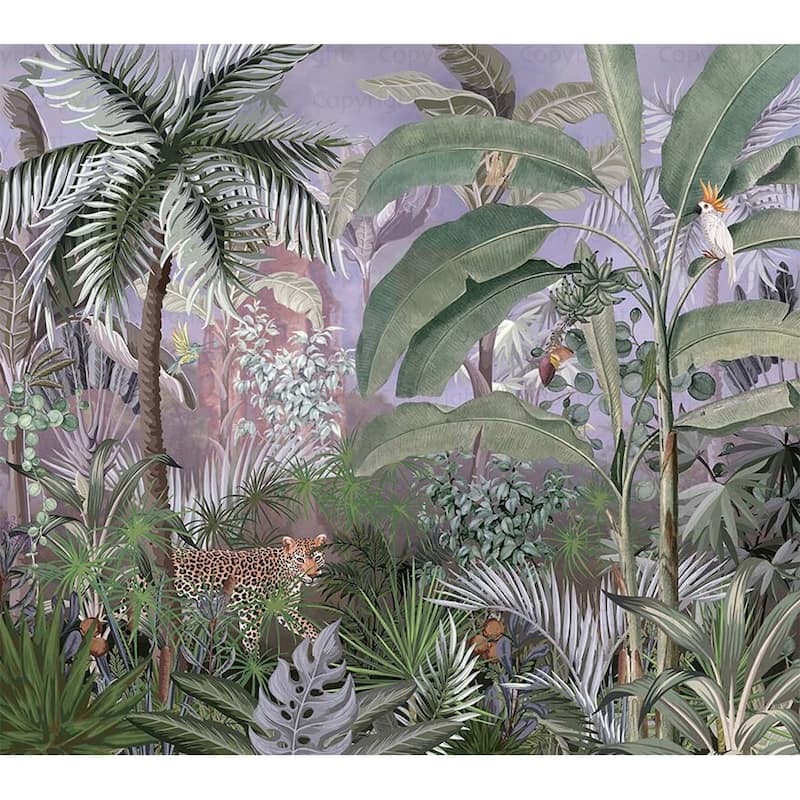 Jungle Adventure Vibrant Wildlife Wallpaper Mural with Lush Greenery - Purple - W:131" x H:118"