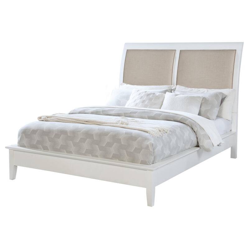 Heo Queen Size Bed, Sleigh Beige Upholstered Headboard, White Wood