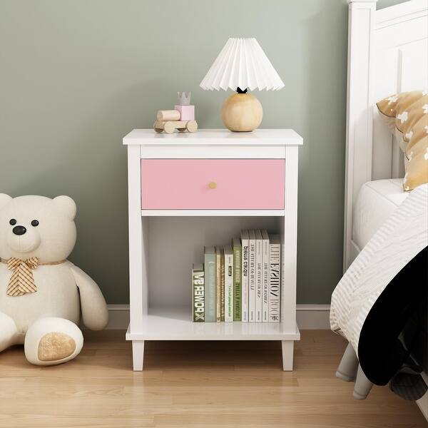 slide 2 of 39, Wooden Kids Nightstand with One Drawer and One Shelf Pink
