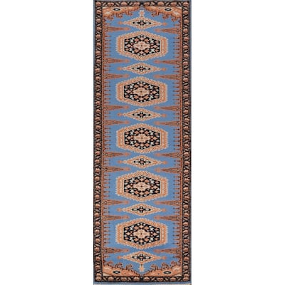 Blue Geometric Viss Oriental Runner Rug Hand-Knotted Wool Carpet - 2'6" x 9'8"