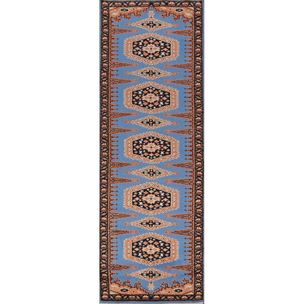 Hand Knotted Oriental 100% Wool Carpet Traditional Geometric Navy Blue & Blues Viss Runner Rug - 9' 8'' X 2' 6''