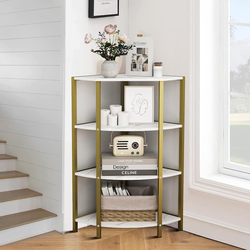 Modern minimalist Corner Open Shelf with open shelves and metal frame for bedroom living room office - White+Gold