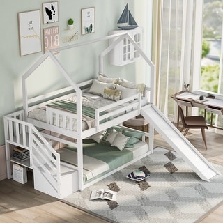 Twin Over Twin House Bunk Bed w/Convertible Slide, Storage Staircase