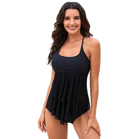 Cali Chic Women's Two Piece Swimsuit Celebrity Halter U Neck Ruffled Layered Tankini Top with Brief Bottoms