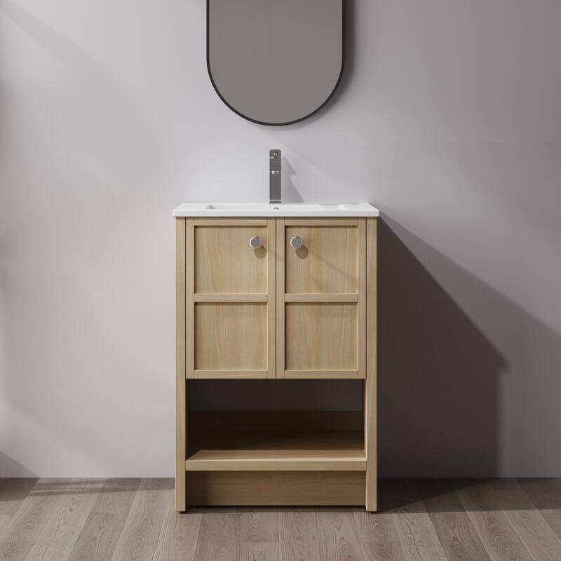 ARTCHIRLY 24/30 Inch Bathroom Vanity with Sink, Floating/Freestanding Bathroom Vanity with Soft Close Door - 24''W - Beige-Freestanding