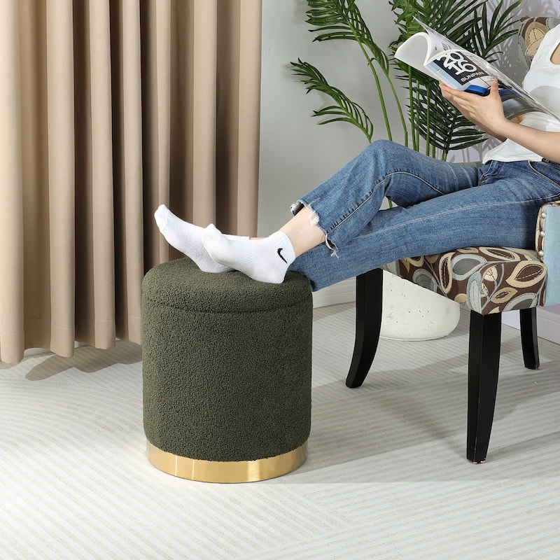 Adeco Velvet Round Storage Stool Gold Plating Base Storage Ottoman