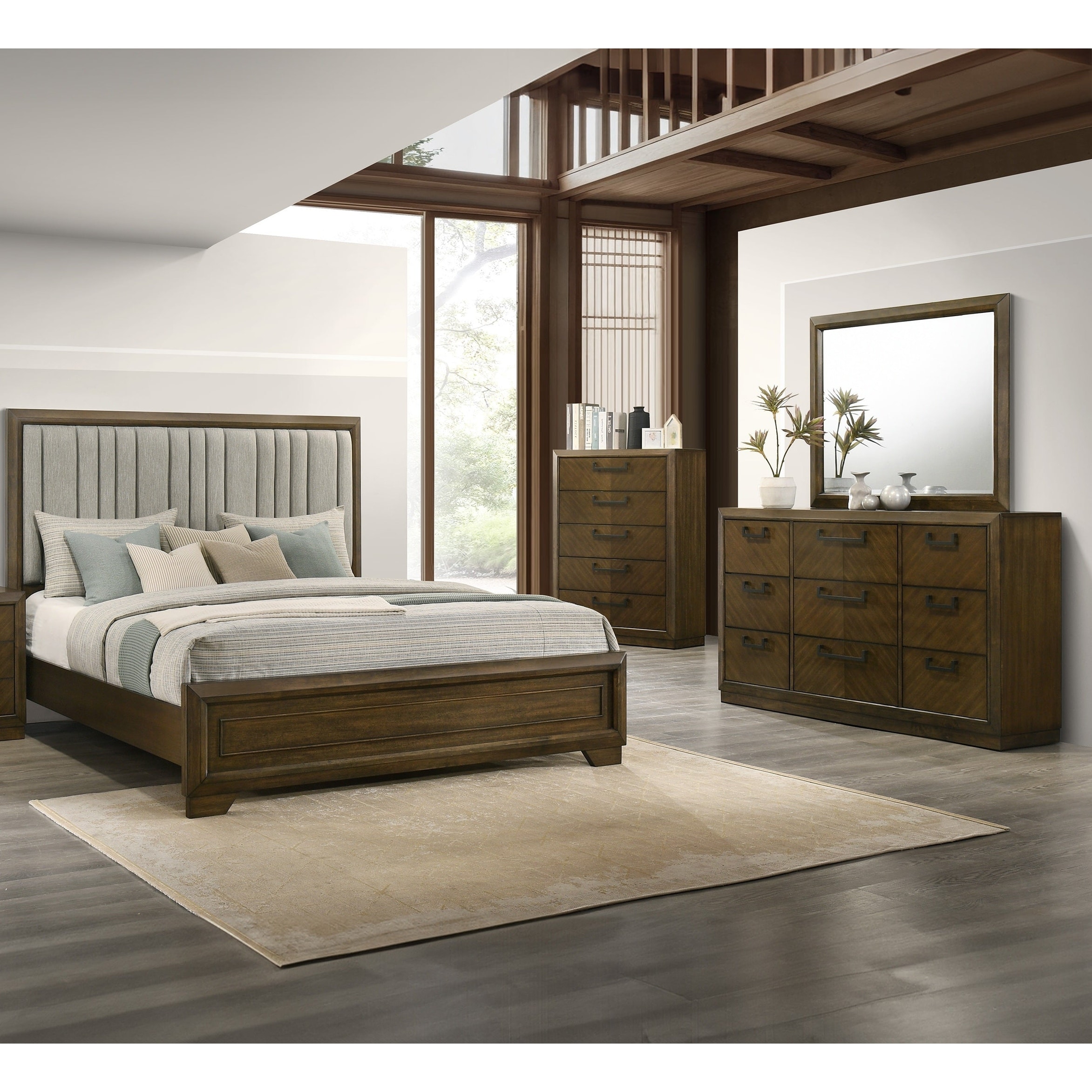 Brown Panel 4pc Upholstered Bed Dresser Mirror Chest Set Bedroom Wooden Furniture