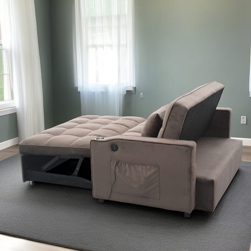 Velvet Convertible Sofa Bed with USB Ports and Storage Bag for Living Room or Guest Room