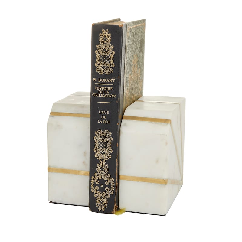 CosmoLiving by Cosmopolitan White Marble 8 lbs Geometric Decorative Bookends with Gold Inlay (Set of 2)