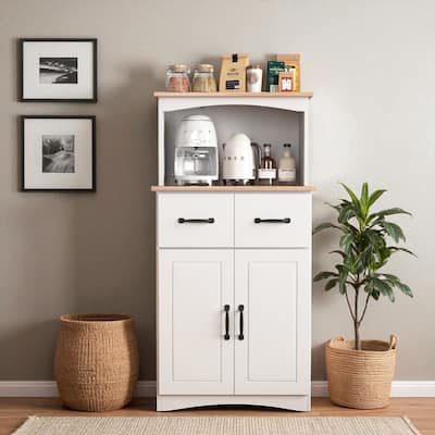 White Wooden Kitchen Pantry Cabinet with Microwave Shelf, Drawer, Adjustable Shelf and Storage Doors