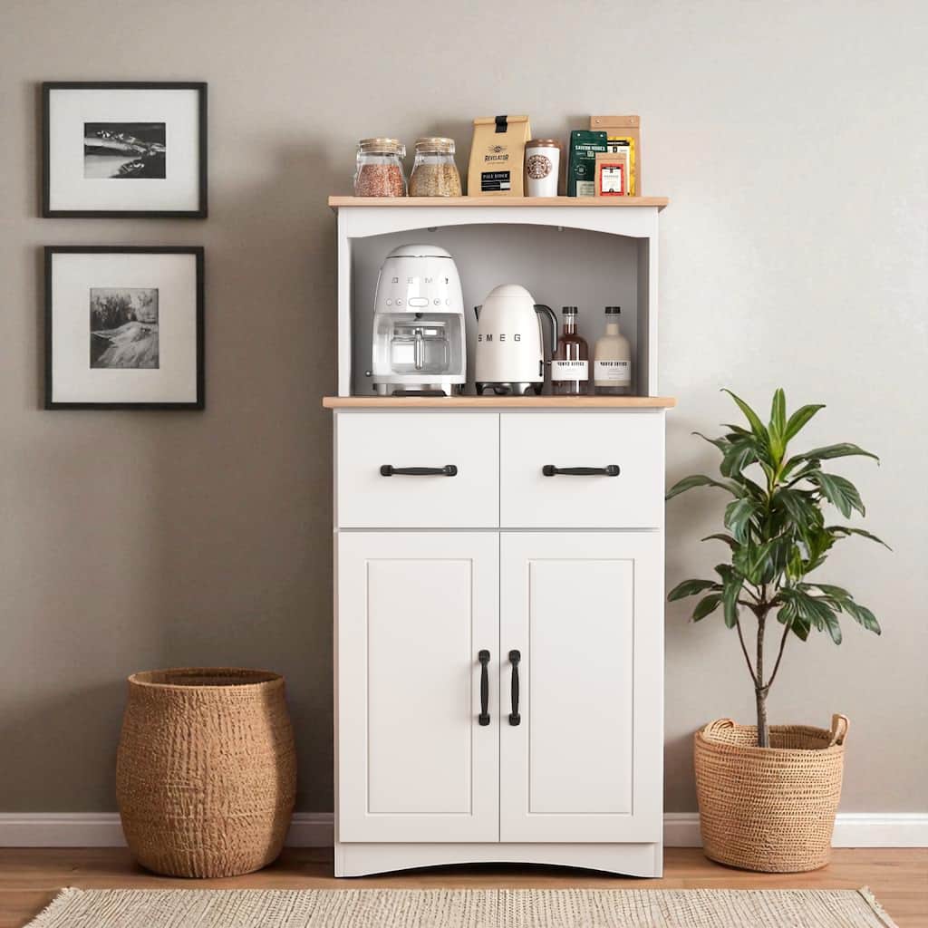White Wooden Kitchen Pantry Cabinet with Microwave Shelf, Drawer, Adjustable Shelf and Storage Doors