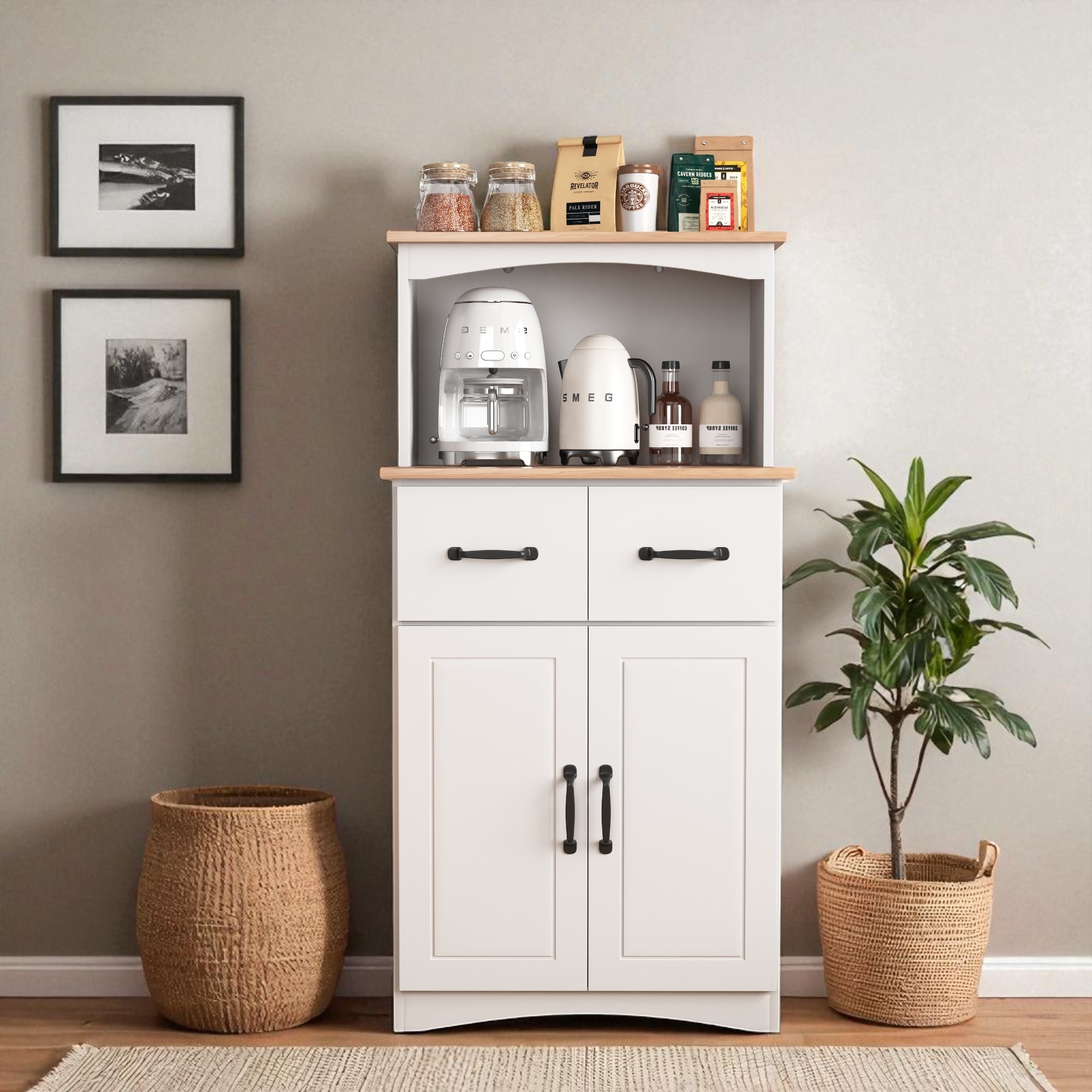 White Wooden Kitchen Pantry Cabinet with Microwave Shelf, Drawer, Adjustable Shelf and Storage Doors
