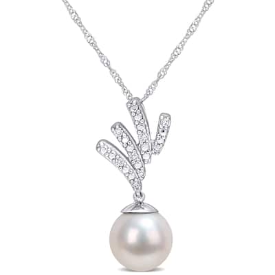Miadora 8-8.5mm Cultured Freshwater Pearl and Diamond Accent Drop 10k White Gold