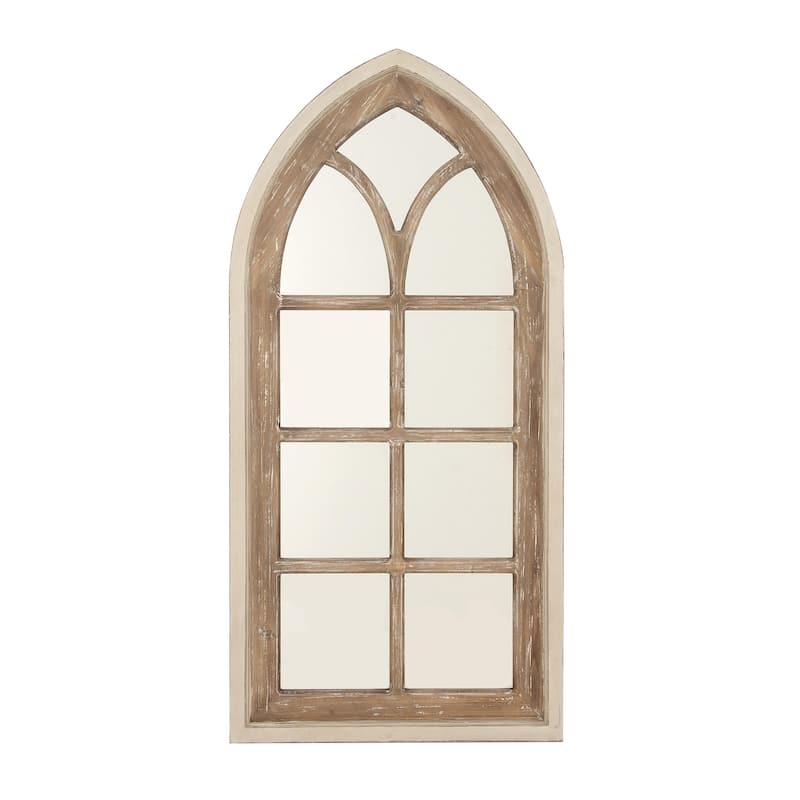 Wood Window Pane Inspired Room Wall Mirror with Arched Top and Distressing - Brown - Roche River Decor