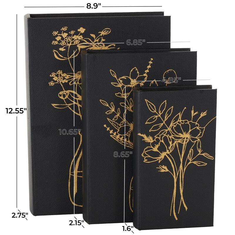 Black Faux Leather Faux Book Storage Floral Decorative Box with Gold Accents (Set of 3)