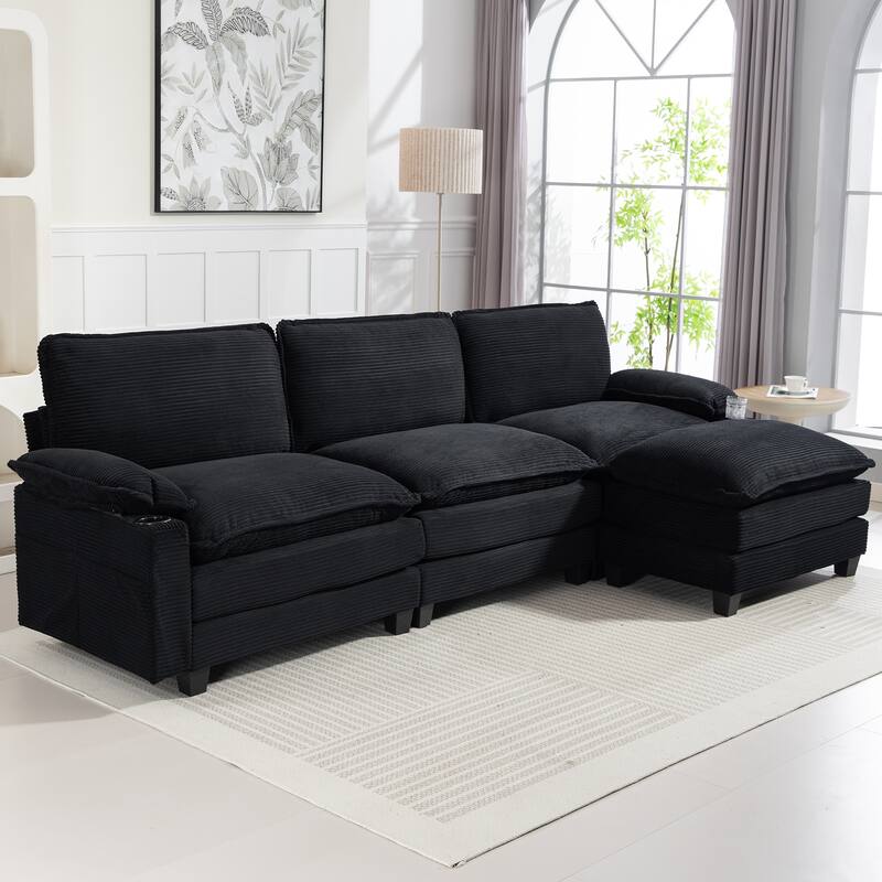 113" L Shaped Sectional Sofa, Deep Seat Cloud Couch with Ottoman, Oversized Corduroy Couch with Cup Holders, Storage Bags