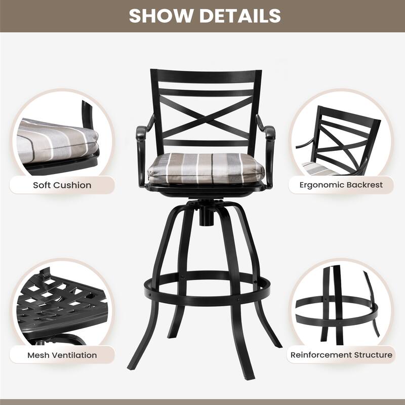 Outdoor Indoor Aluminum Swivel Patio Bar Stools Dining Chairs with Removable Sunbrella Cushion