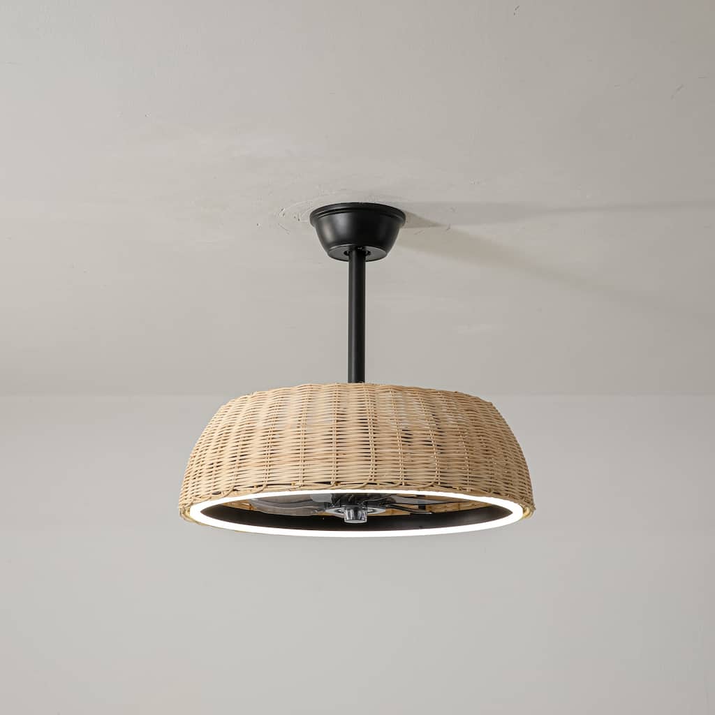 21.3" W Indoor Boho Woven Rattan Matte Black with ABS Blades Remote Control & 3-Color Dimmable LED Ceiling Fan Light