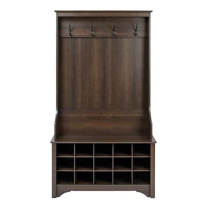 Dark Brown Entryway Hall Tree Shoe Cubbie Coat Rack - 68'' H x 38'' W x 15.5'' D