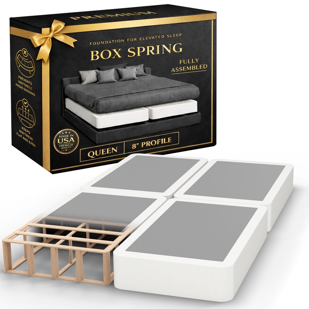 Onetan 4" And 8" Wooden Box Spring, Low Profile Split Bed Foundation Ideal for Mattress, No Assembly Needed, White.