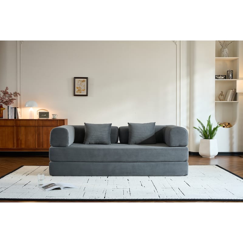 Convertible Sleeper Sofa Bed with Pillow, Corduroy Folding Mattress Couch with Fixed-Shape Frame, Floor Lounge Loveseat Sofa