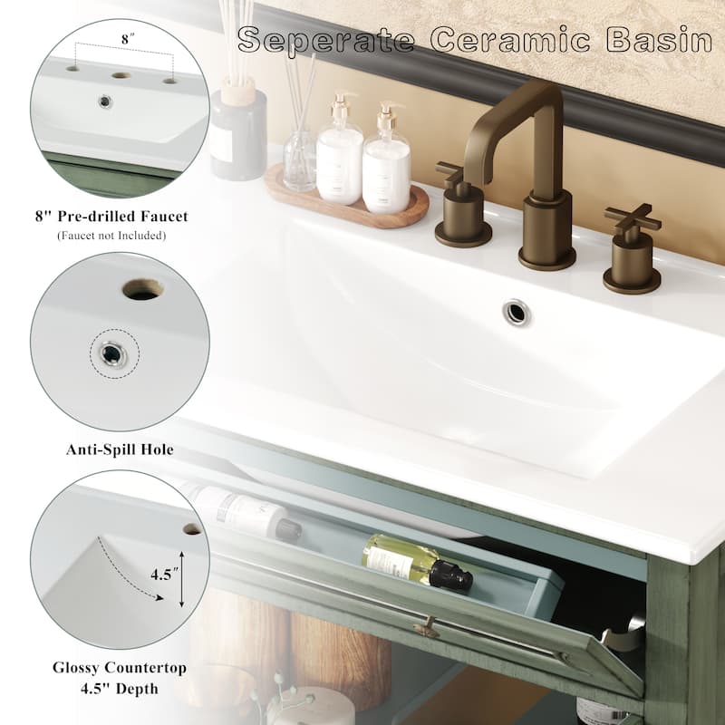 Bathroom Vanity with Ceramic Sink, Bathroom Cabinet with One Flip Drawer and Two Doors, Restroom Vanity with Adjustable Shelf
