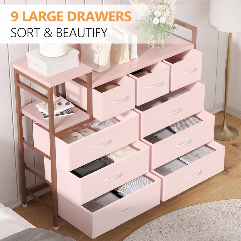 Bedroom Dresser with 9 Drawers Tv Stand with Charging Stand Modern Fabric Chest of Drawers