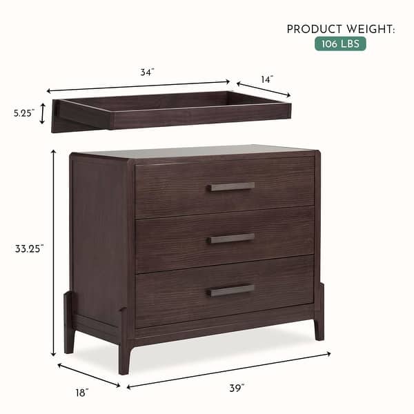 Evolur Atlas Nursery Dresser with Changing Tray | 3-Drawer Hardwood Chest for Baby Room | ASTM Certified | Roasted Chestnut