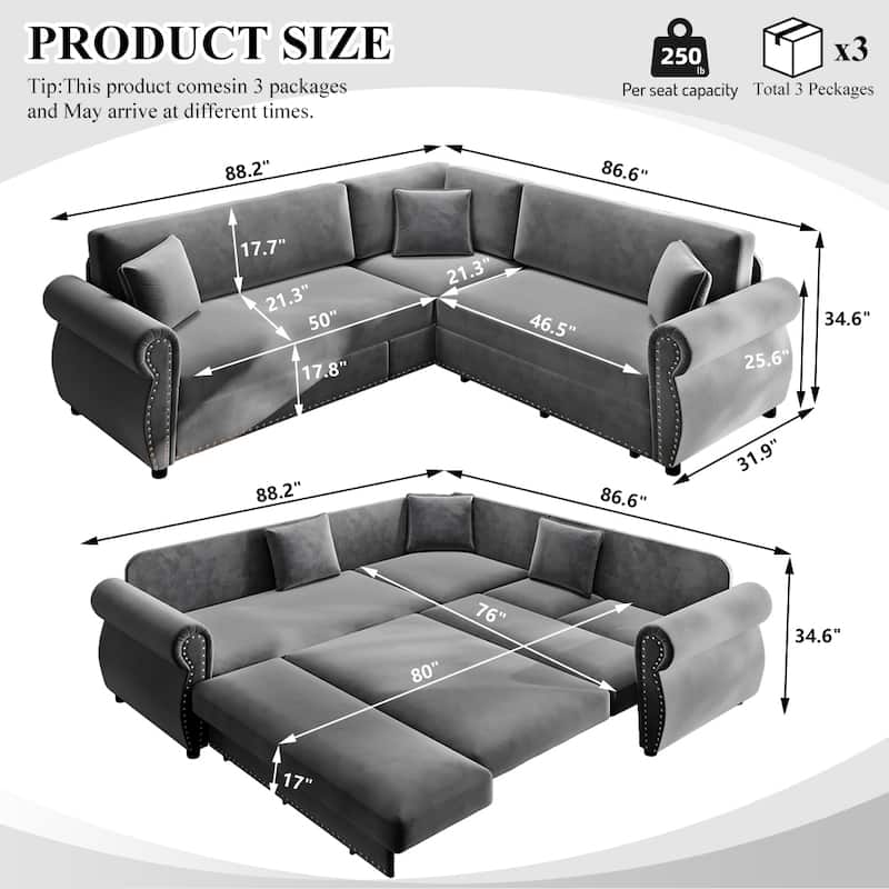 Homy Casa L-Shaped Sectional Sofa w/ Pull-Out Bed, Chenille Sleeper Couch w/ Nailhead Trim & Rolled Arm, Oversize