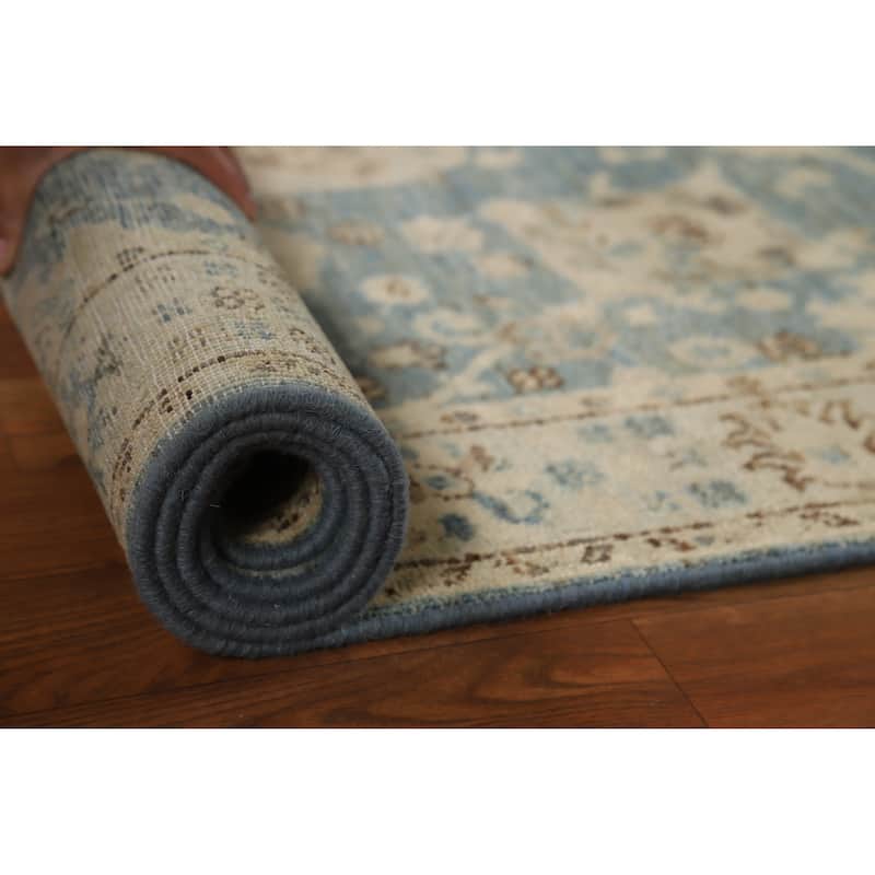 Hand Knotted Oriental 100% Wool Carpet Transitional All-Over Navy Blue & Blues Oushak Runner Rug - 11' 7'' X 3' 2''