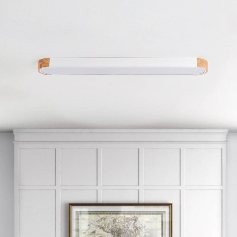 Modern Wood Grain Linear Flush Mount Ceiling Light Matte White LED Fixture for Bedroom Living Room Kitchen - N/A