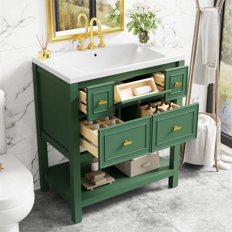 30'' Bathroom Vanity with/without Resin Sink, Freestanding Bathroom Vanity Cabinet with 5 Drawers & Open Shelf, Solid Wood Frame