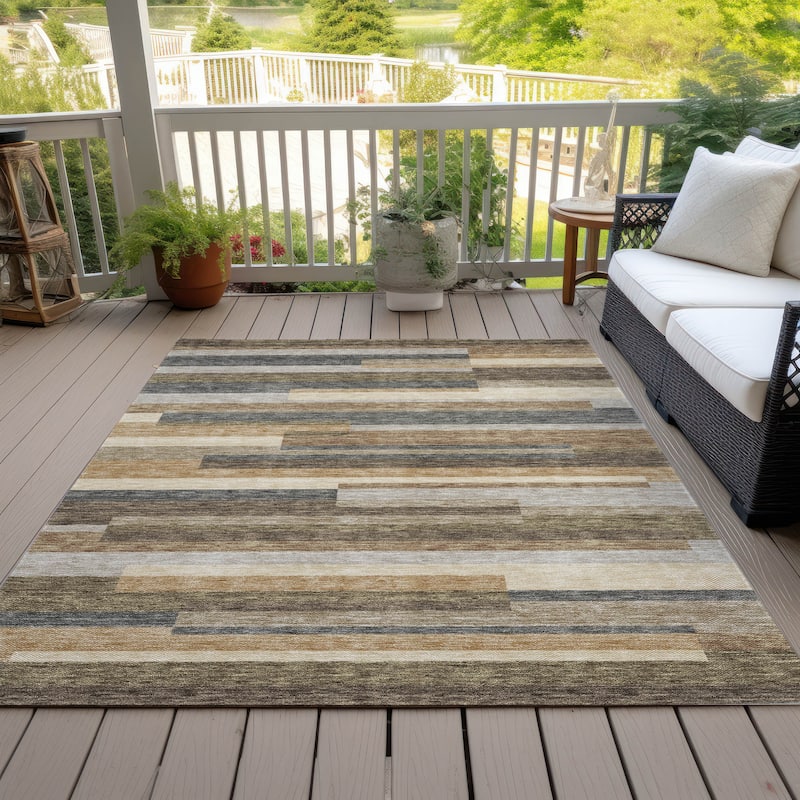Machine Washable Indoor/ Outdoor Chantille Contempory Stripes Rug - Taupe - 3' x 5'
