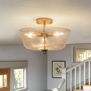 Modern Transitional 3-Light Seeded Glass Drum Flush Mount Foyer Ceiling Lights - Brass